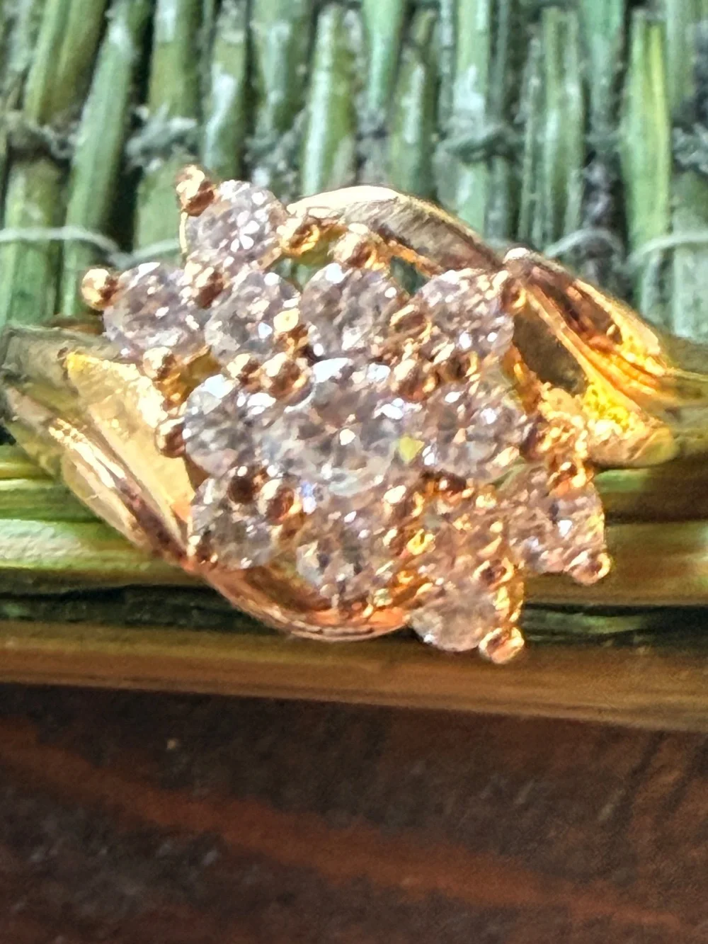 Vintage 925 Gold Vermeil Cubic Zirconia Diamond Cluster Bypass Ring